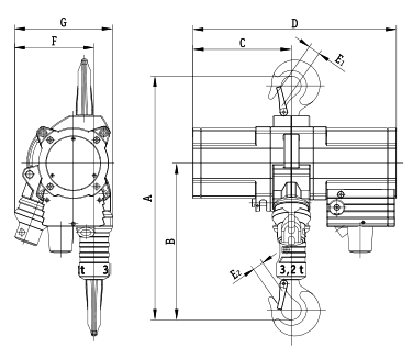 JDN PROFI 3TI - 20TI Air Hoists dimensions