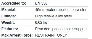 Ridgegear RGB E Single D restraint Belt specs