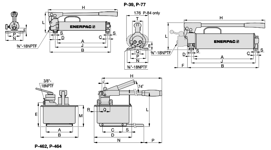 Enerpac P-Ultima Steel Hand Pumps dimensions