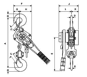 Yale PT Lever Hoist / Pull Lift dimensions
