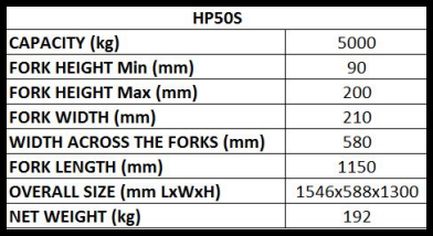 5000kg heavy duty pallet truck HP50S dimensions